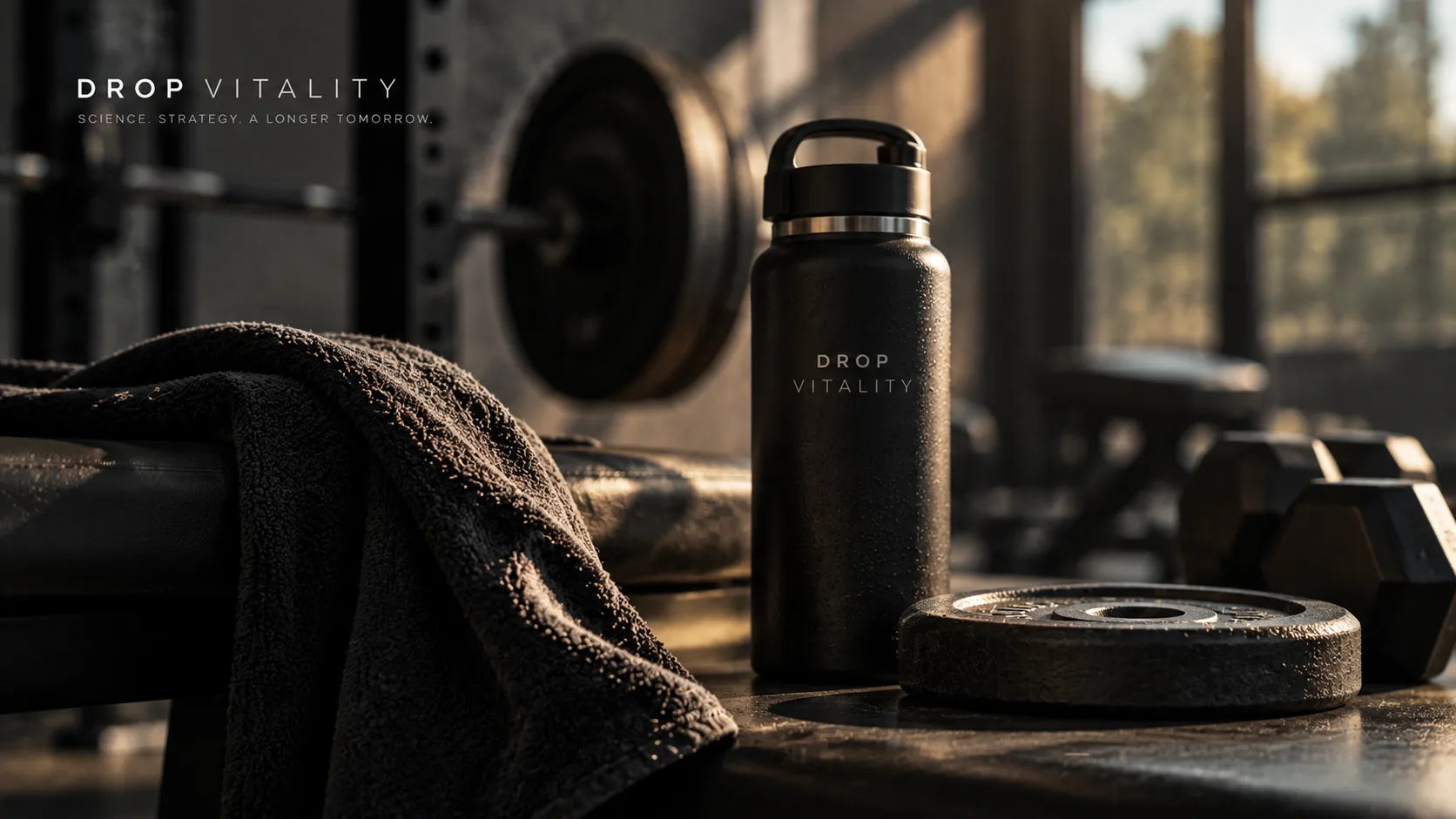 Athlete recovering after training beside a display illustrating NAD+ cellular energy research.